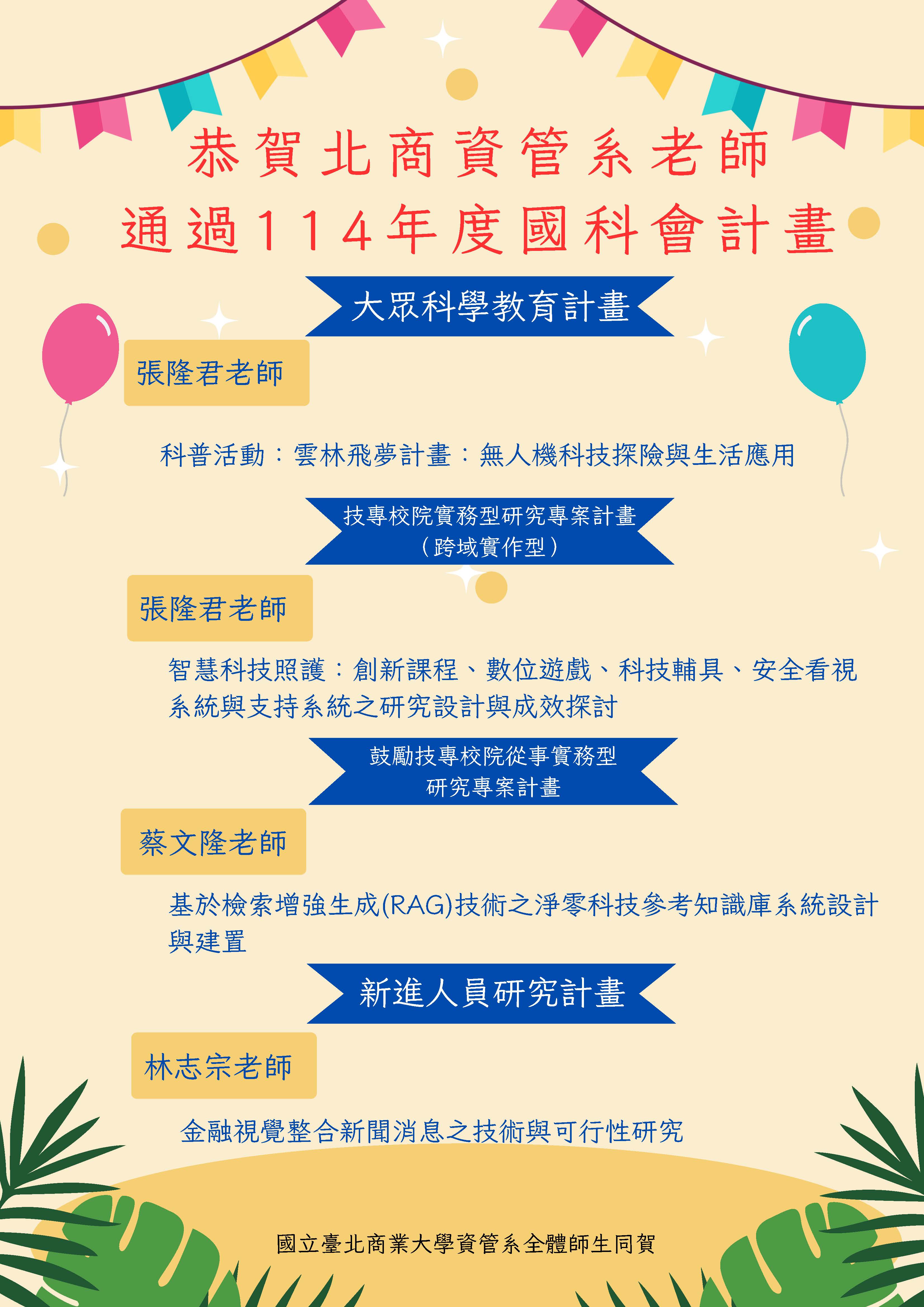【恭賀】北商資管系教師通過114年度國科會計畫