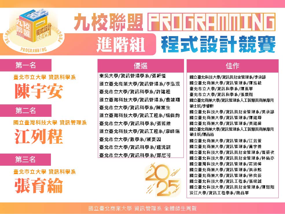 連結到2025九校聯盟程式設計競賽-進階組獲獎
